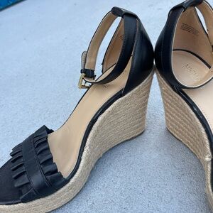 Michael Kors Black Leather Ruffle Espadrille Wedges